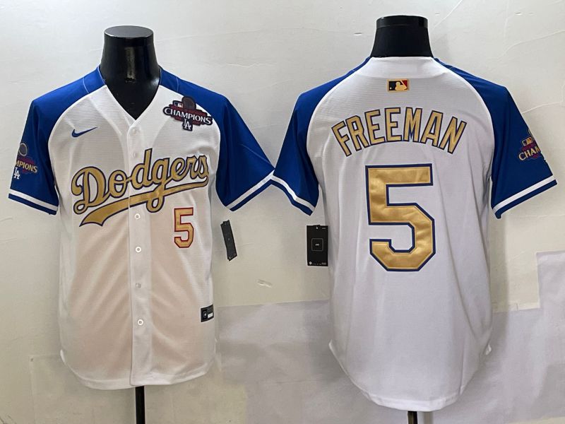 Men Los Angeles Dodgers 5 Freeman White Blue Gold Game 2025 Nike MLB Jersey style 2